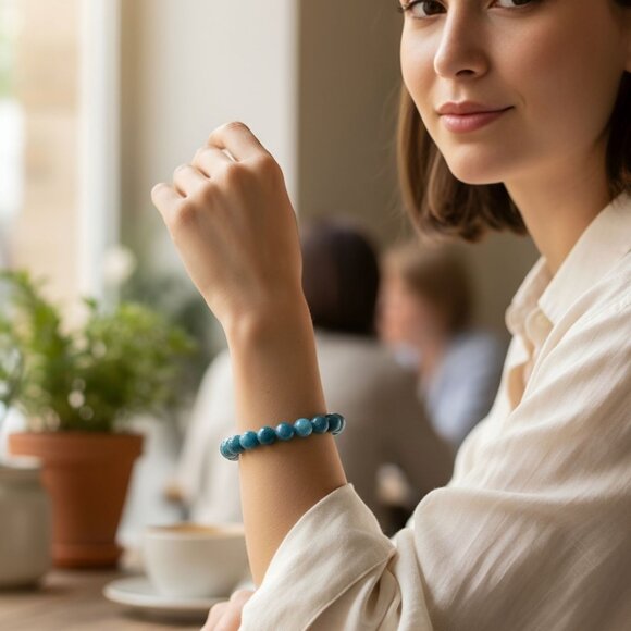 Blue Apatite ✦ Handmade Bracelet ✦ 8mm Beads Elastic Gemstone Jewelry NWT - Picture 2 of 9